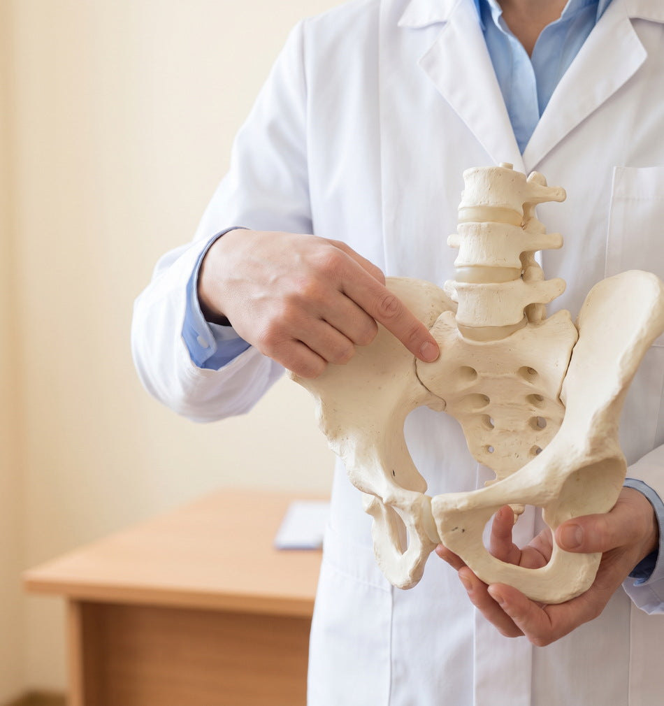 Zorgverlener in witte jas wijst het SI-gewricht aan op een anatomisch bekkenmodel