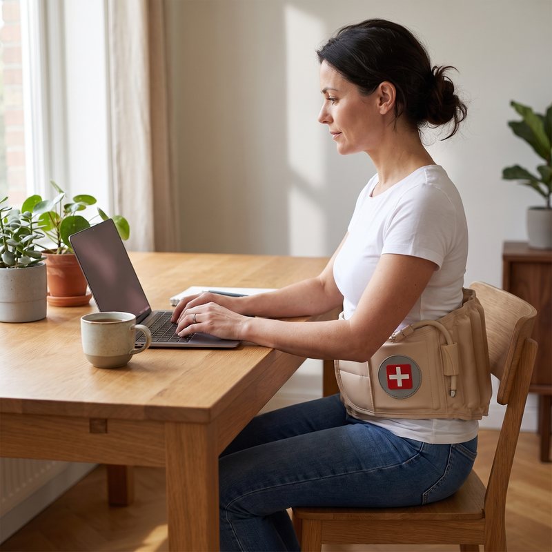 Vrouw van rond de 40 achter haar laptop met de beige decompressiegordel om