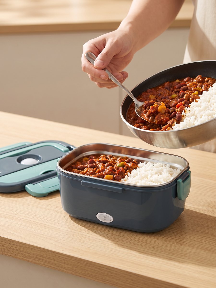 Hand schept rijst en chili uit een pan in de RVS-binnenbak van de lunchbox