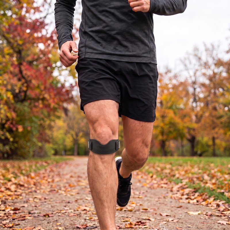Man jogt door het park met de patellaband onder zijn knie