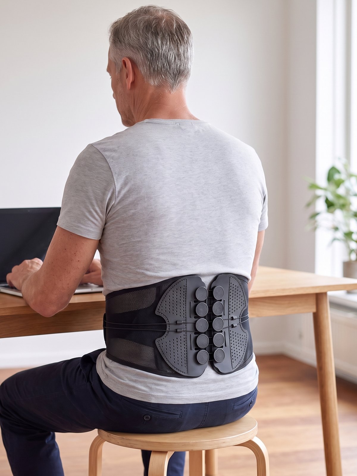 Man aan zijn bureau met de rugbrace om, van achteren gezien