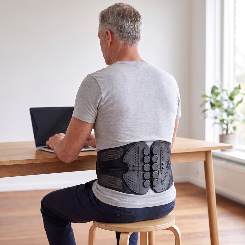 Man van rond de 55 achter zijn laptop met de zwarte rugbrace om