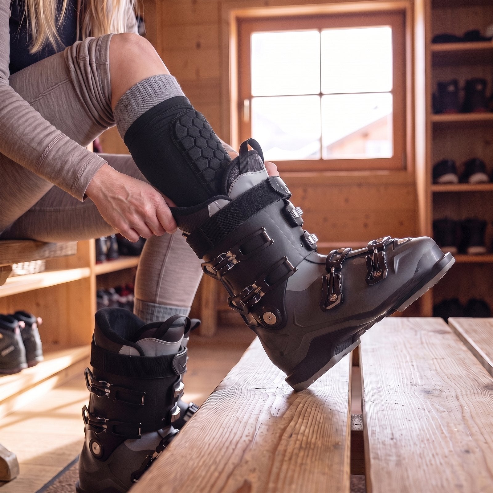 Voet met de scheenbeschermer gaat in een open skischoen