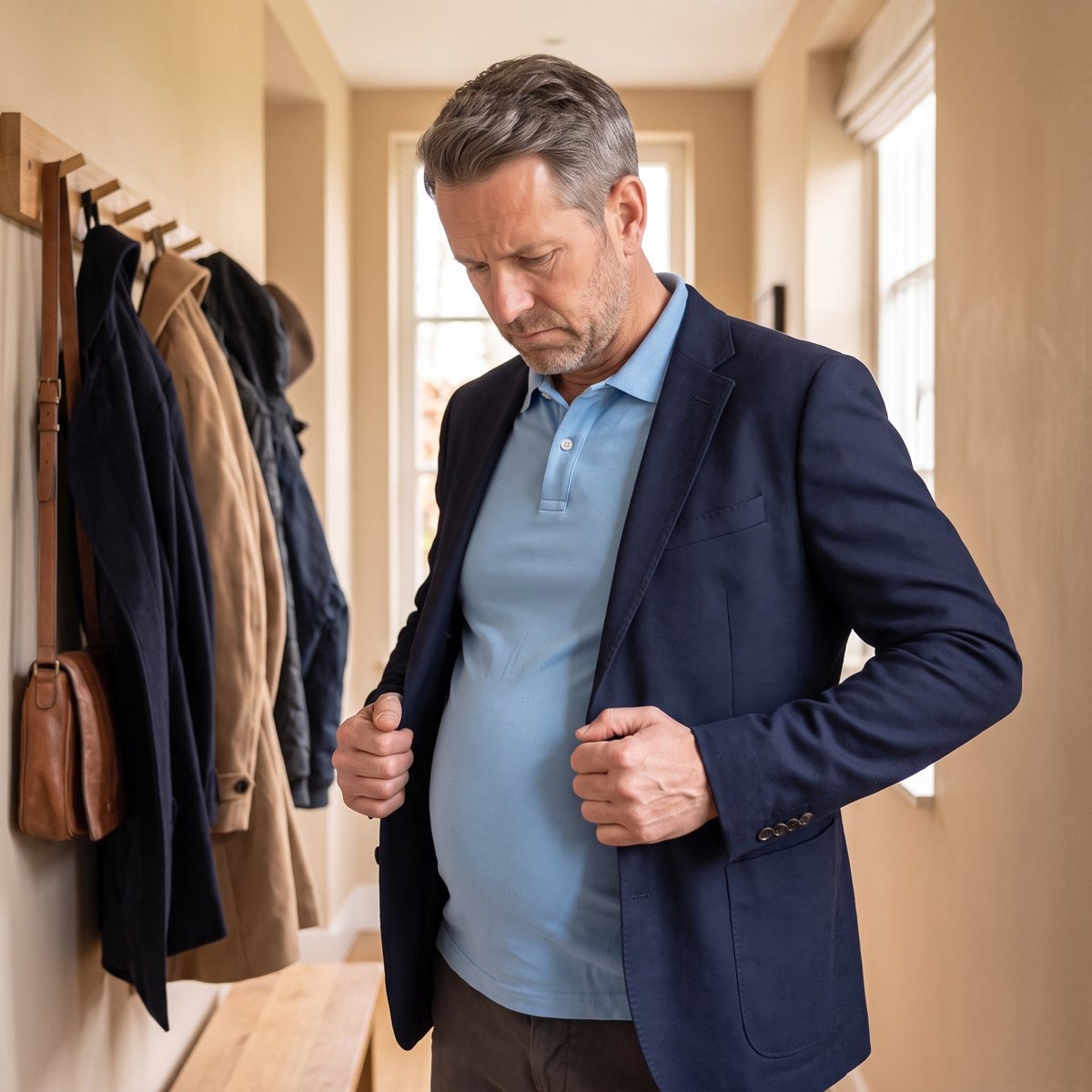 Man in de gang trekt zijn colbert dicht over een polo die strak om zijn buik spant