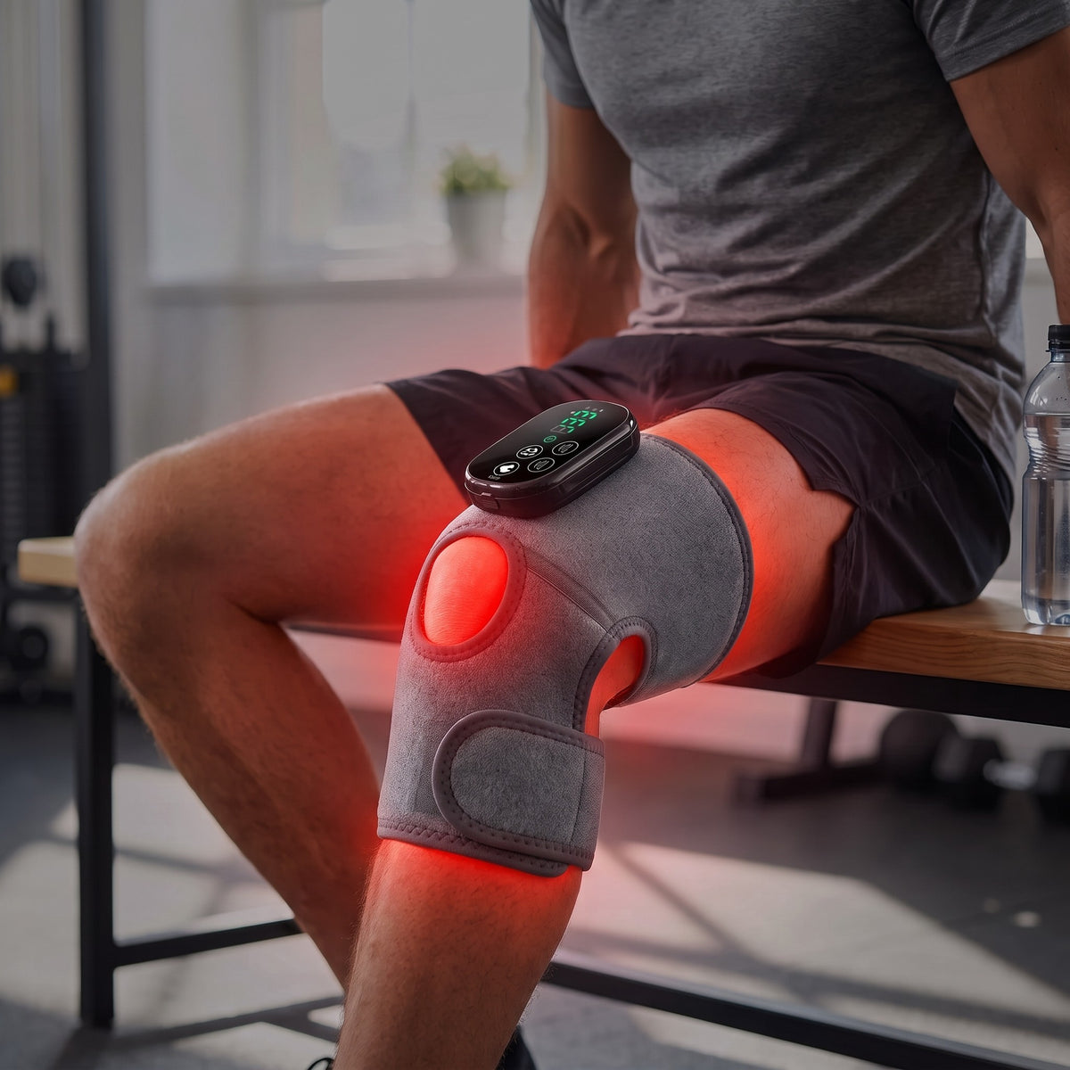Man in de thuisgym met de roodlicht kniebrace aan, rood licht op zijn knie