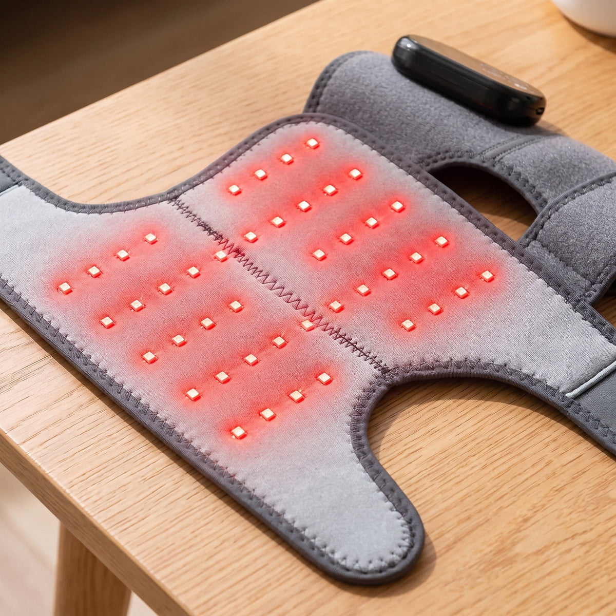 Binnenkant van de kniebrace op een eikenhouten tafel met alle rode lampjes aan