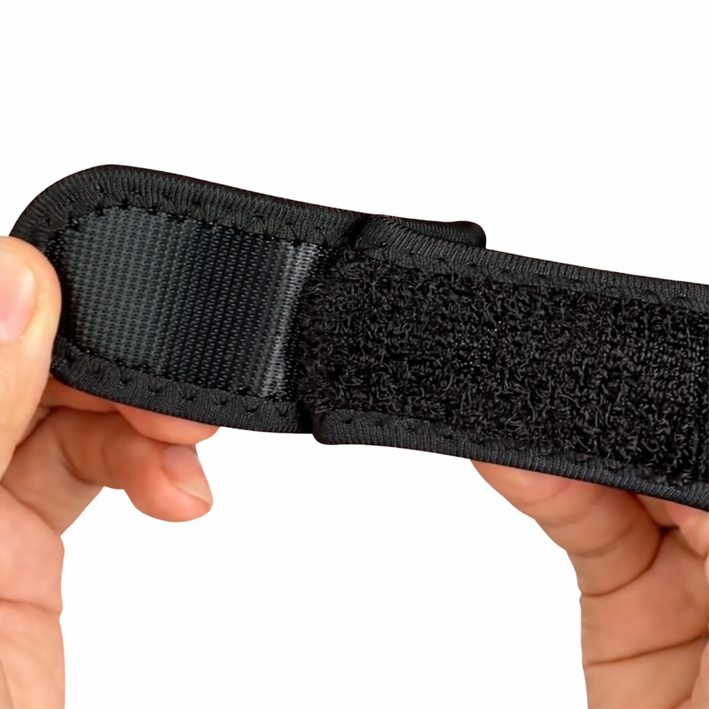 De riem opengetrokken met het klittenband zichtbaar waarmee je de lengte op je taille afstelt