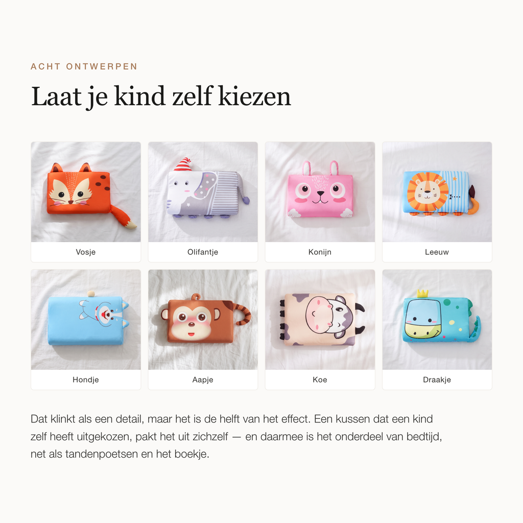 Overzicht van de acht ontwerpen: vosje, olifantje, konijn, leeuw, hondje, aapje, koe en draakje