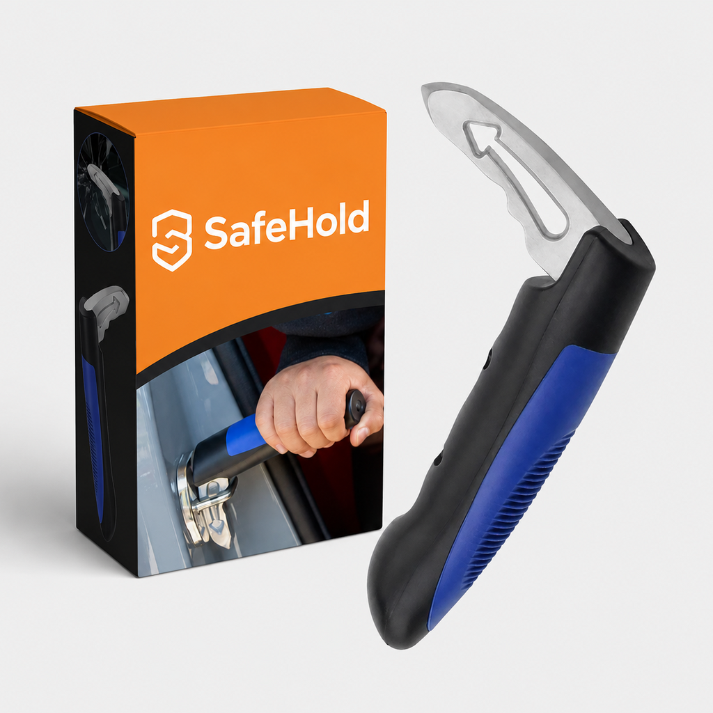 Verpakking van de SafeHold auto-steungreep naast de greep zelf: zwart handvat met blauwe antislipzijde en gepolijste stalen haak