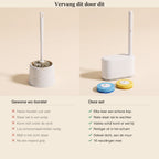 Oude vieze wc-borstel in een potje naast de nieuwe set, met de verschillen in twee kolommen