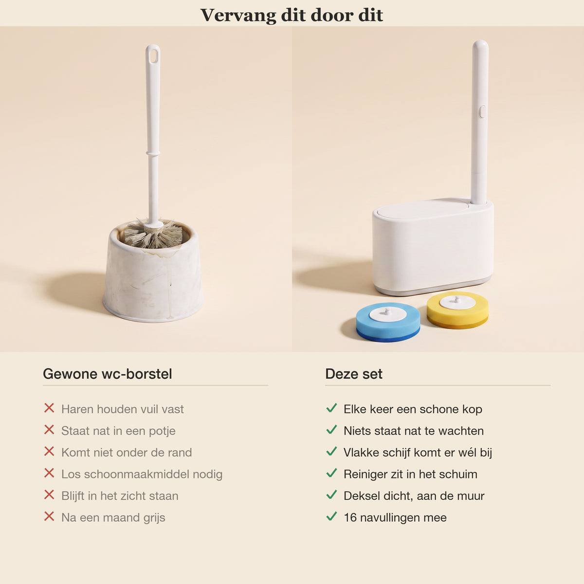 Oude vieze wc-borstel in een potje naast de nieuwe set, met de verschillen in twee kolommen