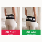 Twee foto's naast elkaar: links de band verkeerd om de taille, rechts goed laag over het bekken
