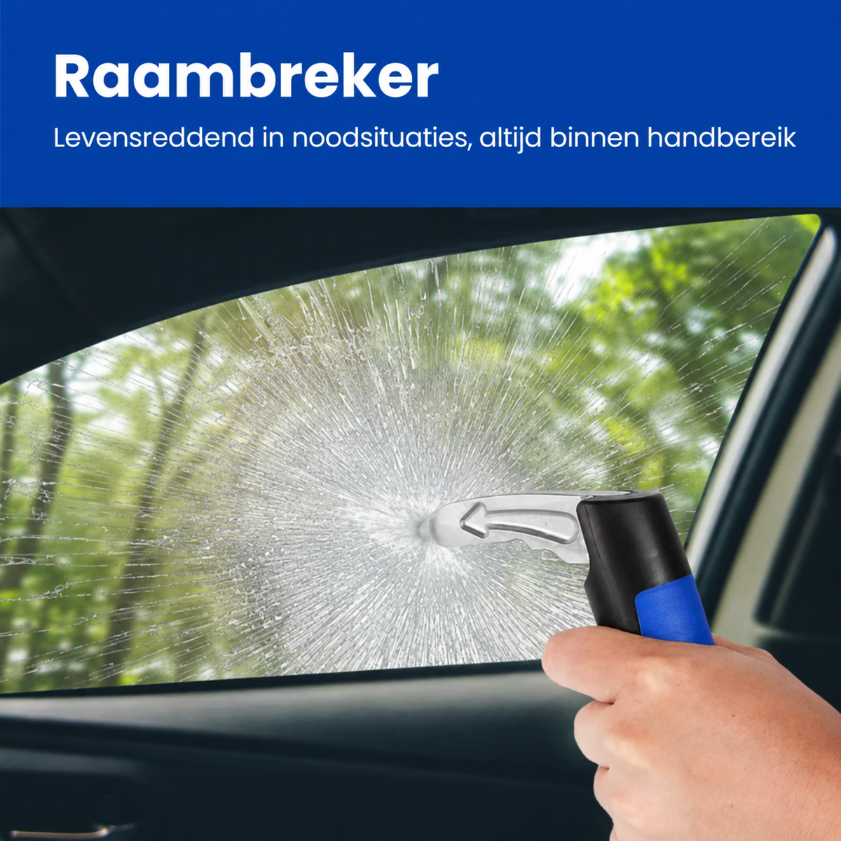 De verharde punt verbrijzelt een zijruit van binnenuit: raambreker, levensreddend in noodsituaties en altijd binnen handbereik