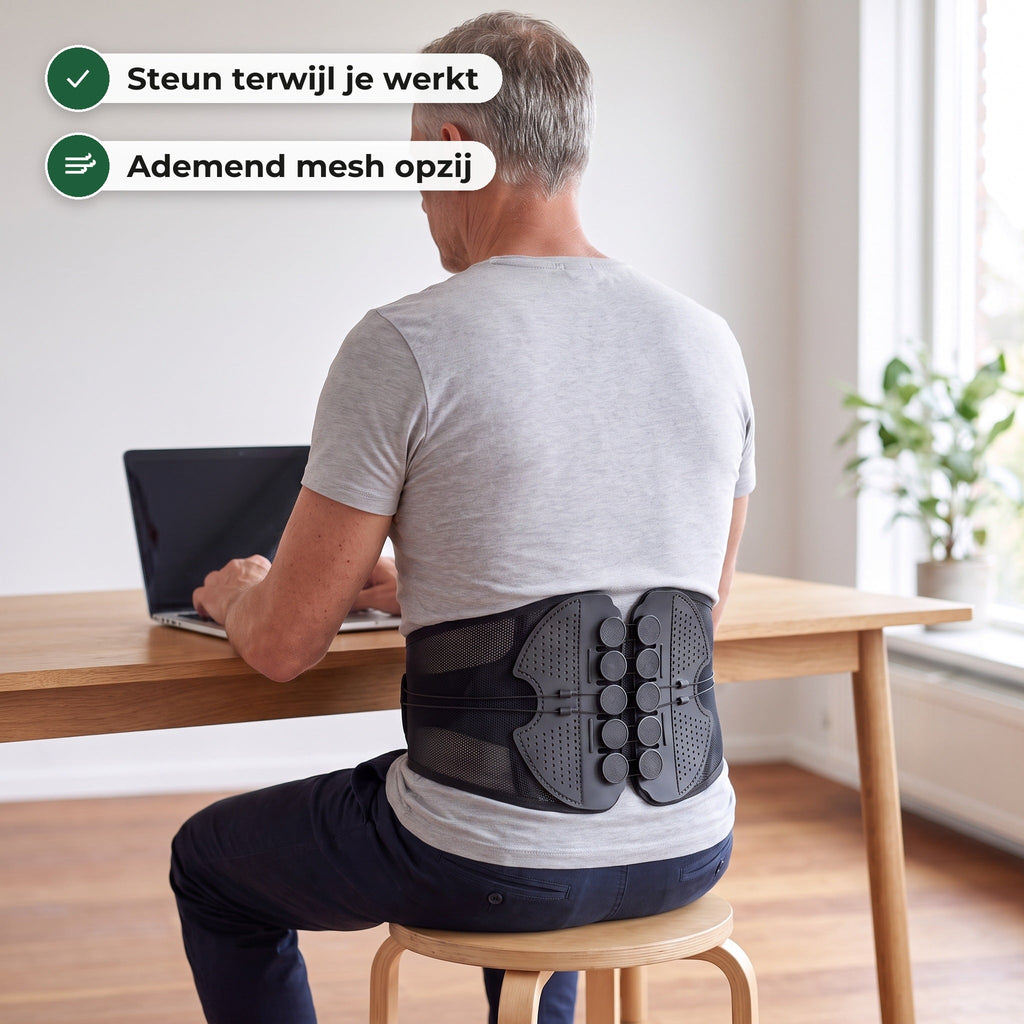 Man zit op een kruk achter zijn laptop met de rugbrace midden op zijn onderrug