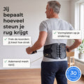 Man van rond de 55 van achteren met de zwarte rugbrace om, hij trekt de treklussen aan; kaartjes wijzen de koorden, vormplaten en het mesh aan