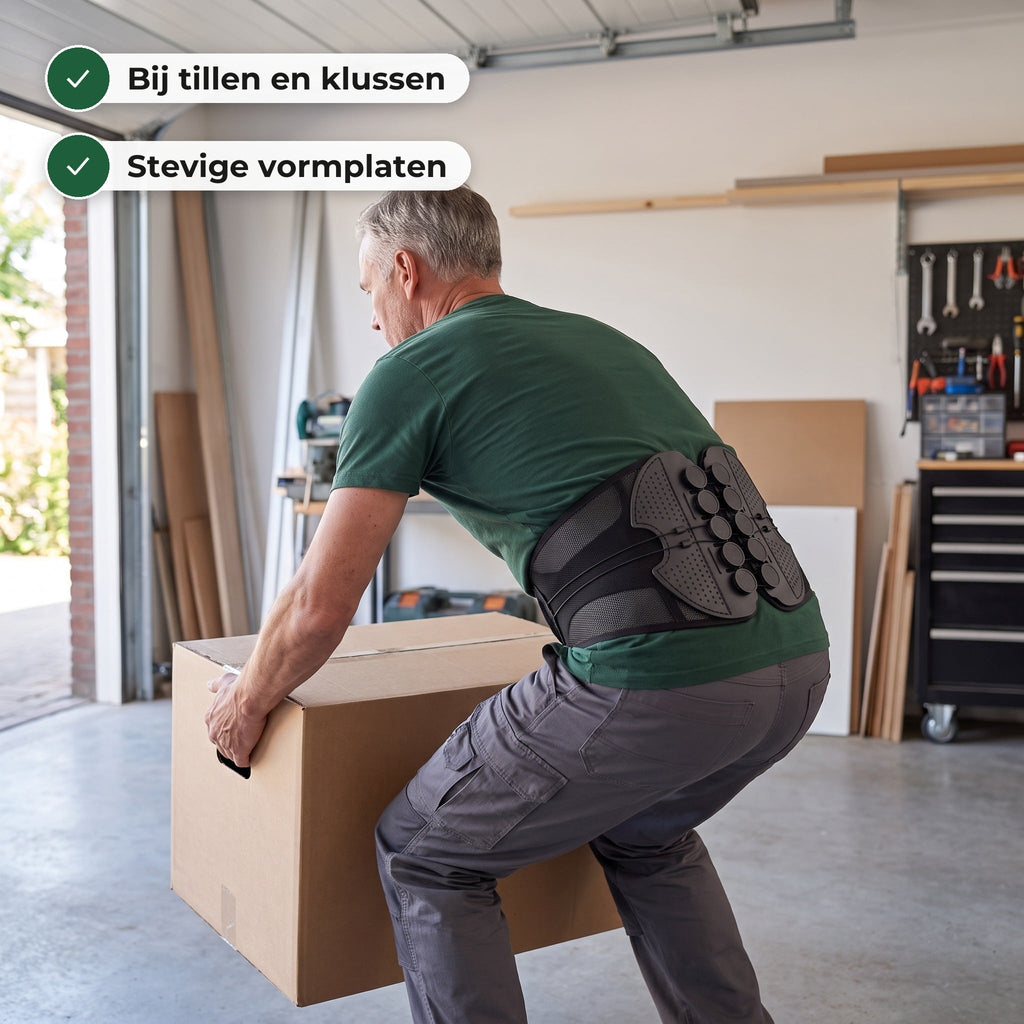 Man tilt een verhuisdoos in de garage met de rugbrace om