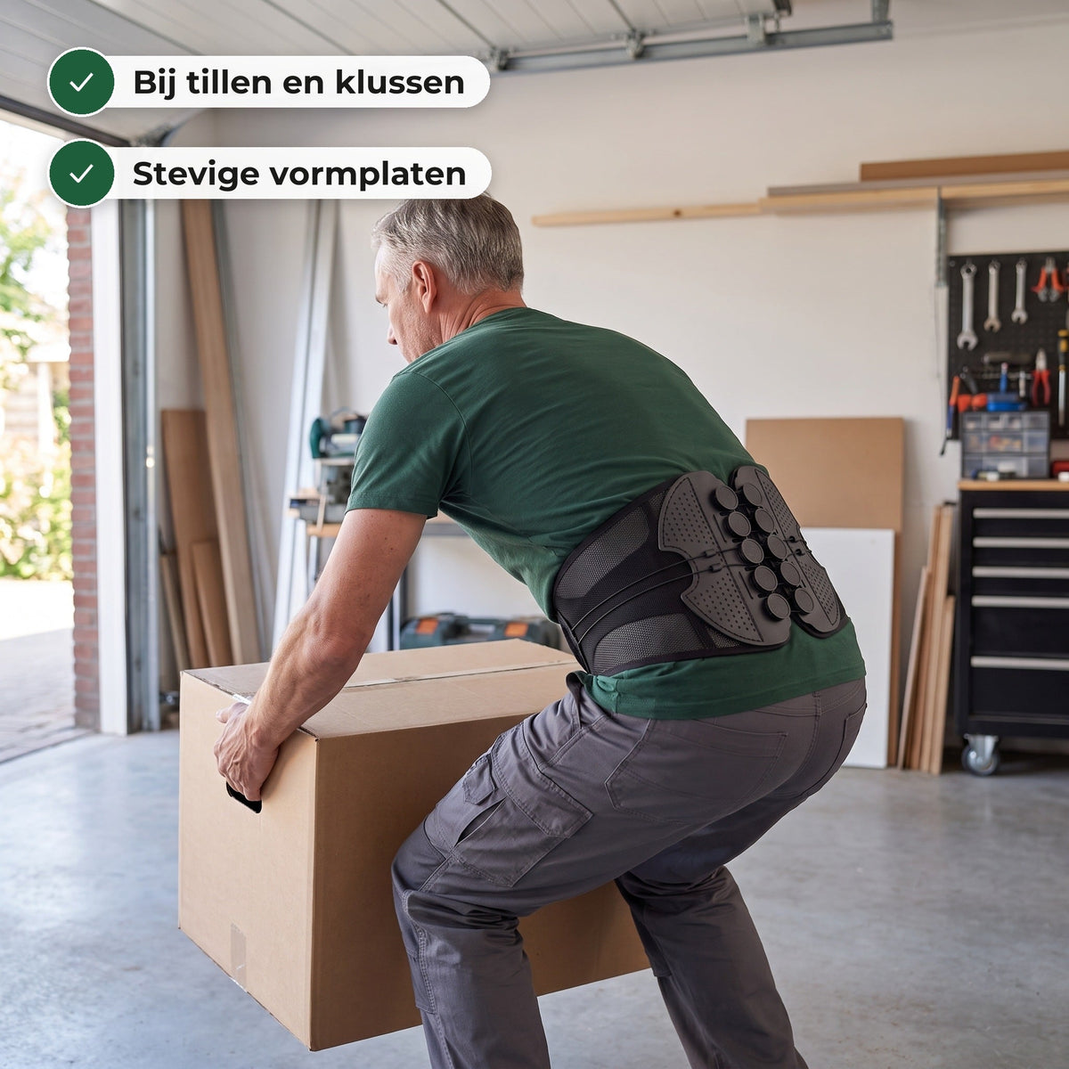 Man tilt een verhuisdoos in de garage met de rugbrace om