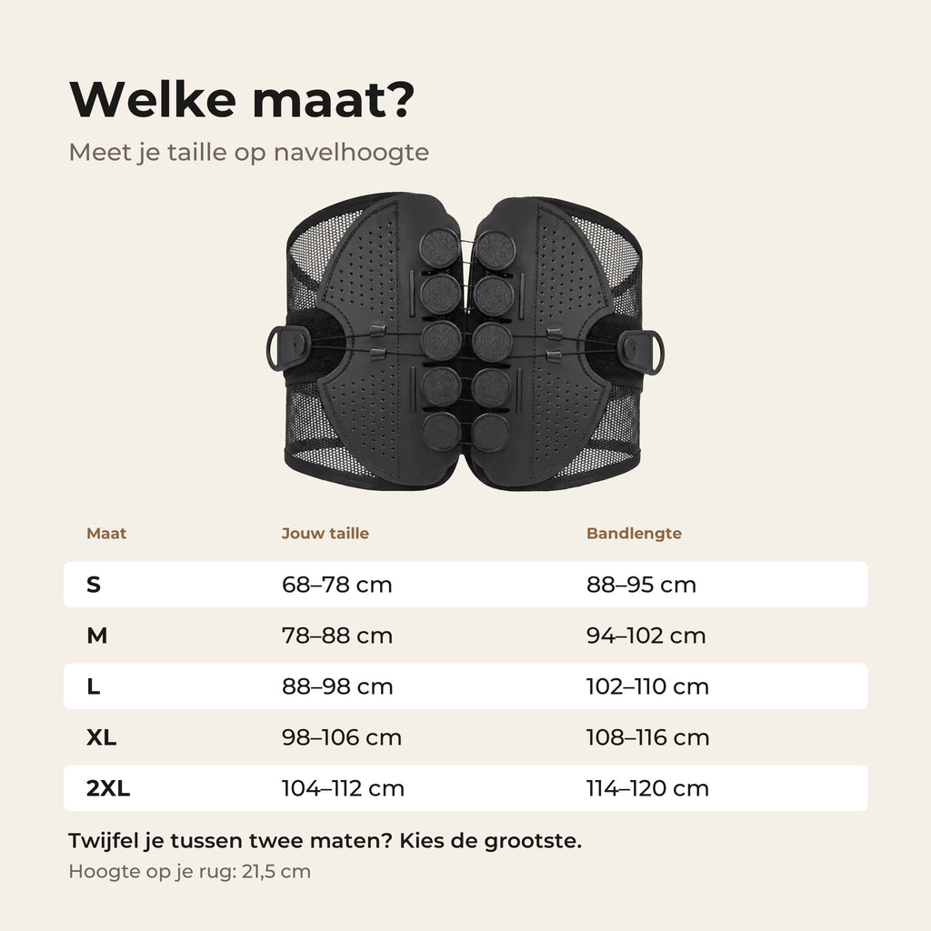 Maattabel van S tot 2XL: taille 68 tot 112 cm en bandlengte per maat, hoogte 21,5 cm