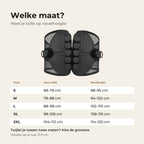 Maattabel van S tot 2XL: taille 68 tot 112 cm en bandlengte per maat, hoogte 21,5 cm