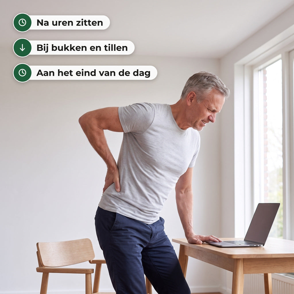 Man staat op van zijn bureau en houdt zijn hand op zijn onderrug
