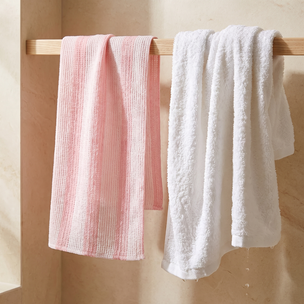 De dunne scrubdoek hangt droog naast een dikke natte badstof washand