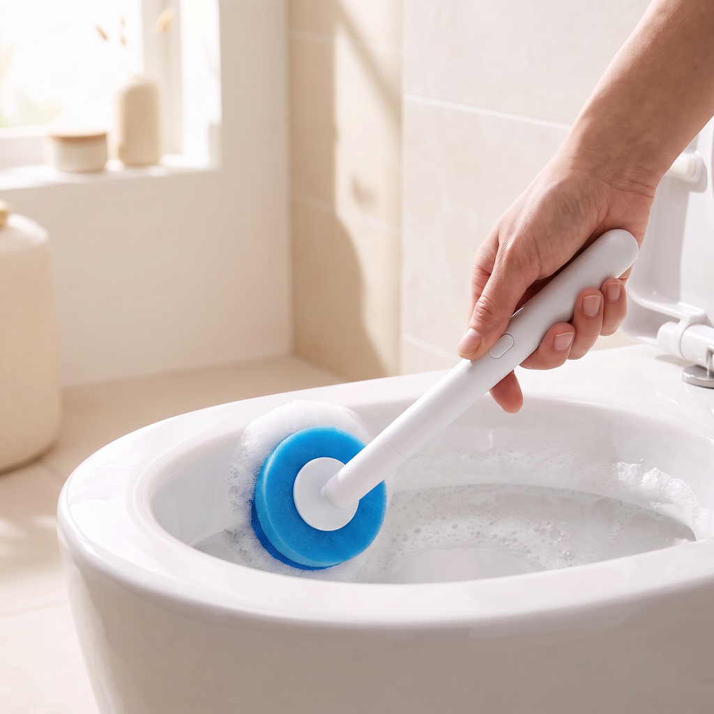 Hand poetst met de blauwe schuimkop en wit schuim de binnenkant van de wc-pot