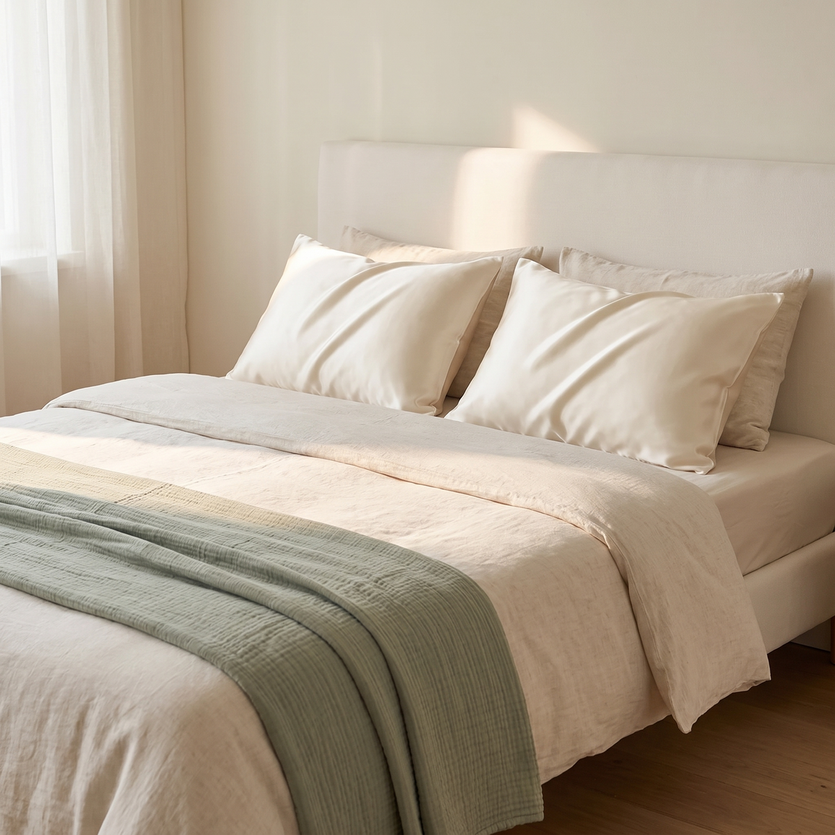 Opgemaakt bed in ochtendlicht met twee satijnen kussenslopen in warm gebroken wit, met een saliegroene mousseline deken over het voeteneind