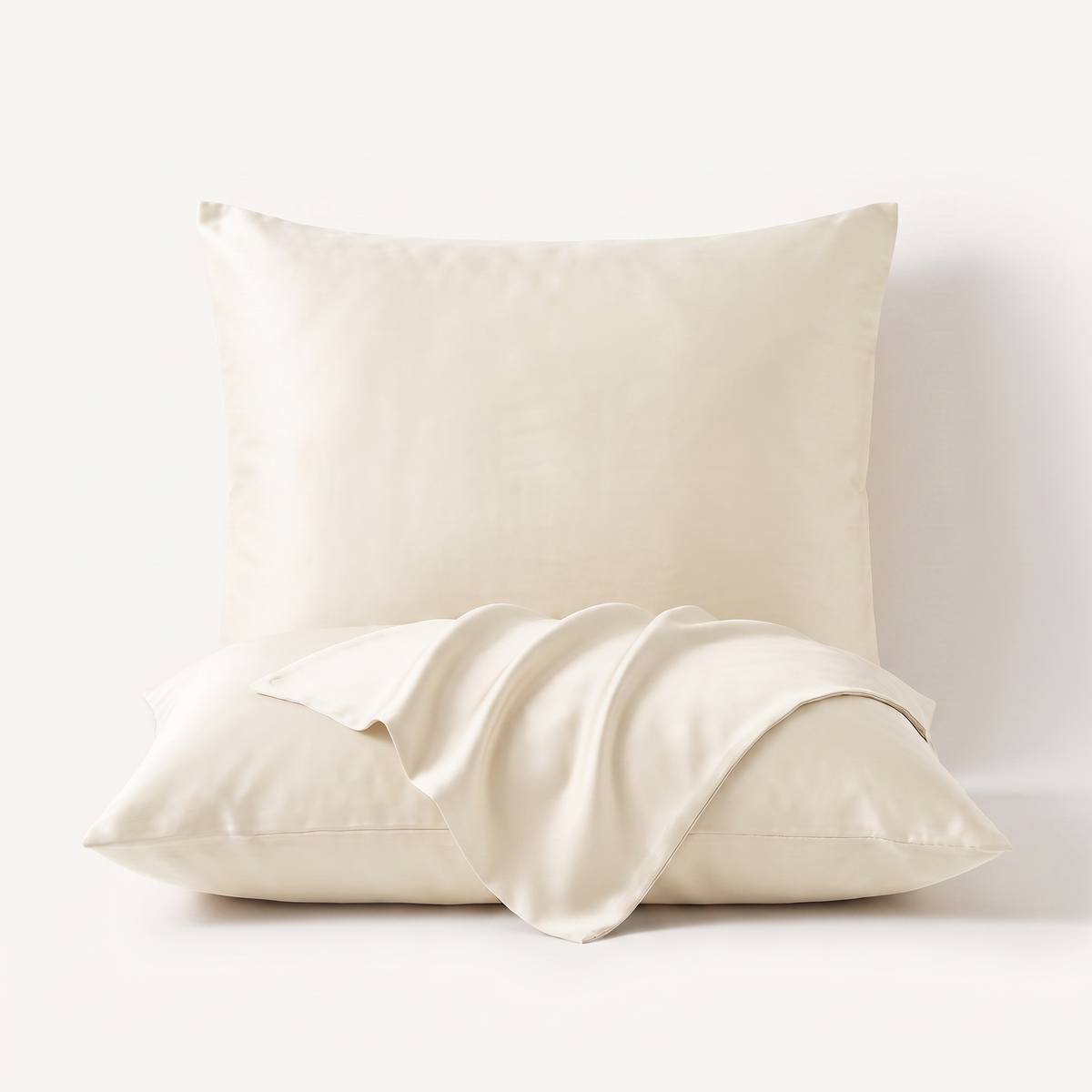Set van twee satijnen kussenslopen in wit, 60 bij 70 cm, met de envelopflap losjes over de voorste sloop gedrapeerd
