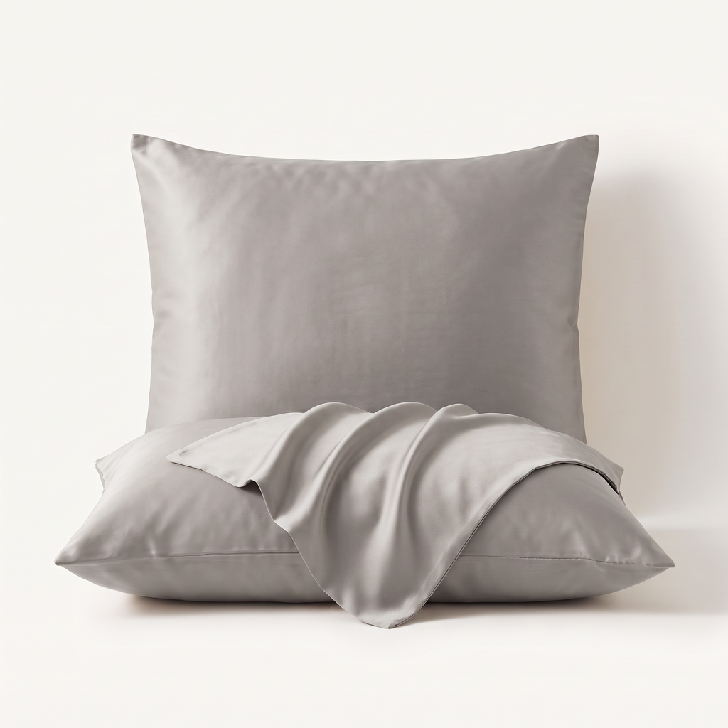 Set van twee satijnen kussenslopen in zilvergrijs, 60 bij 70 cm, met de envelopflap losjes over de voorste sloop gedrapeerd