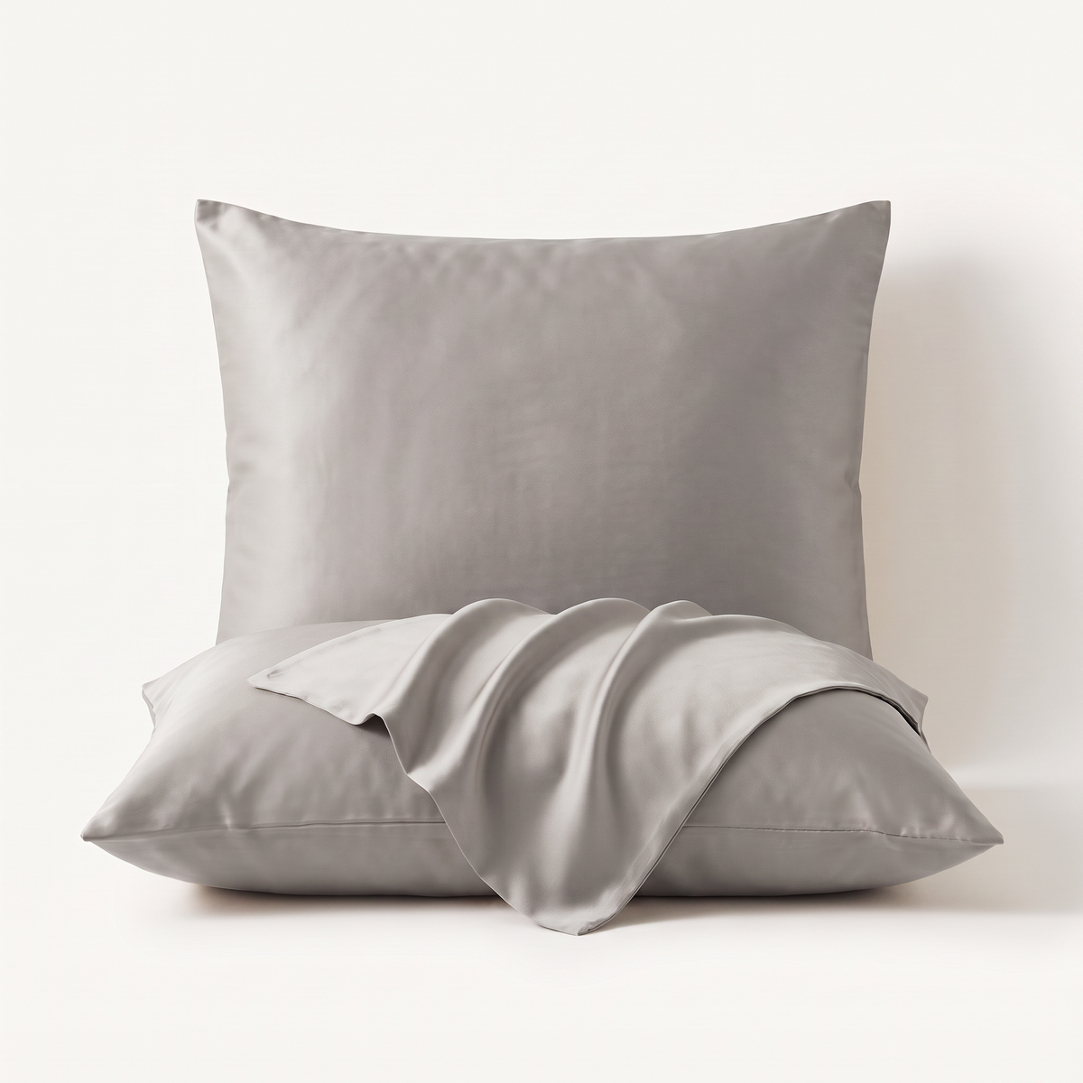 Set van twee satijnen kussenslopen in zilvergrijs, 60 bij 70 cm, met de envelopflap losjes over de voorste sloop gedrapeerd