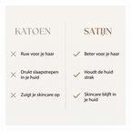 Vergelijking tussen katoen en satijn: katoen is ruw voor je haar, drukt slaapstrepen in je huid en zuigt je skincare op; satijn is beter voor je haar, houdt de huid strak en laat skincare in je huid blijven