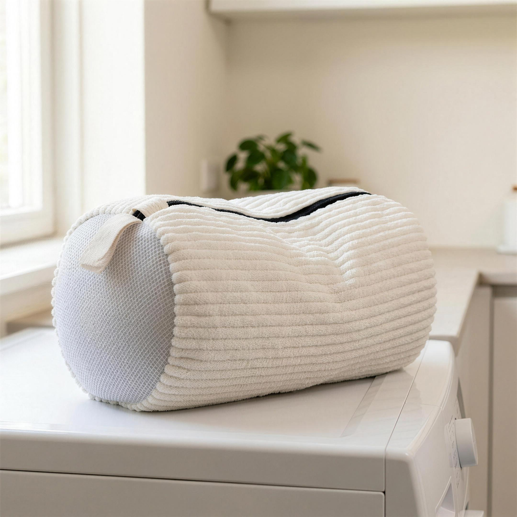 Crèmewitte gewatteerde schoenenwaszak van geribde chenille ligt plat op een witte wasmachine in een lichte bijkeuken, met de zwarte rits bovenop en het grijze meshpaneel aan de linkerkant