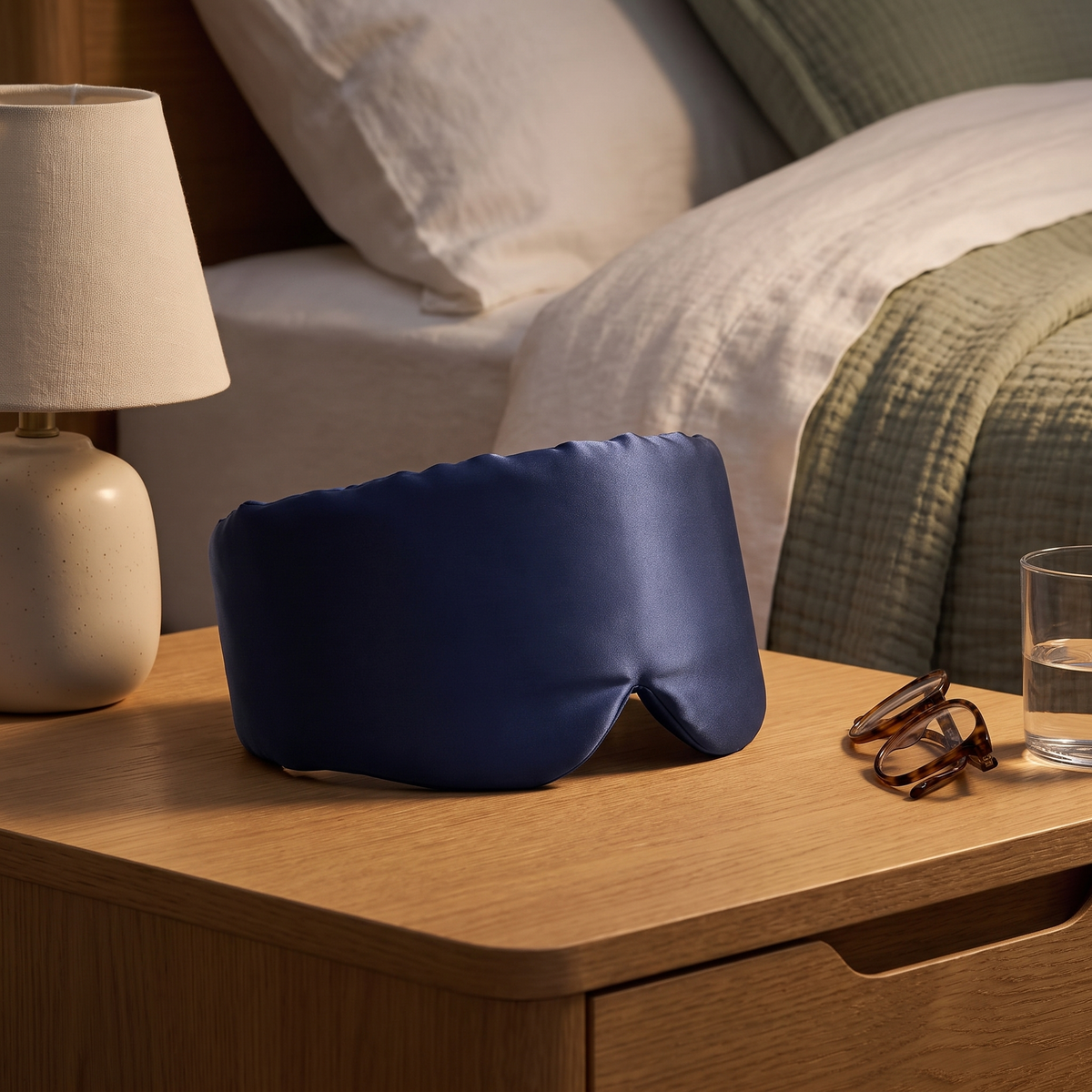 Het marineblauwe zijden slaapmasker ligt op een eiken nachtkastje naast het bed, naast een leeslamp en een leesbril, met wit linnen en de saliegroene mousseline deken op de achtergrond