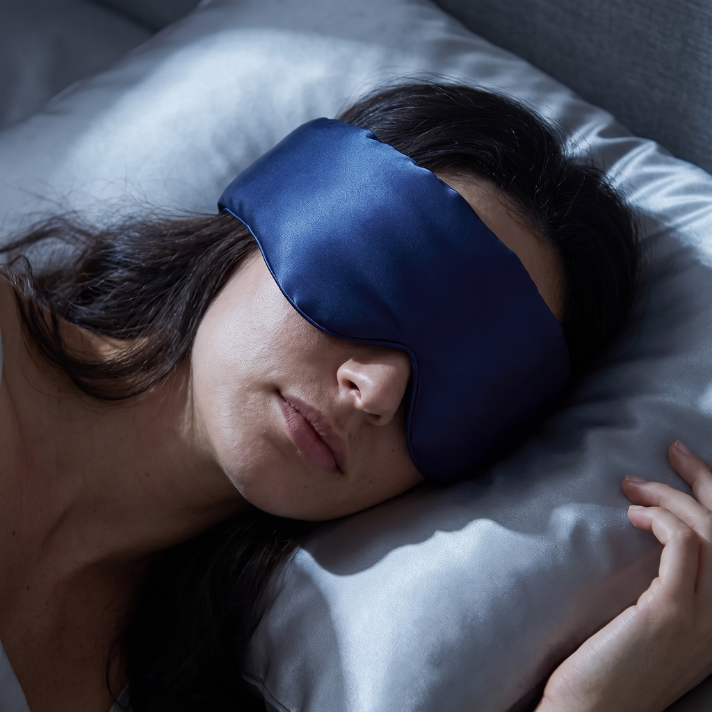 Vrouw slaapt op haar zij met het marineblauwe zijden slaapmasker op, dat doorloopt tot over haar slaap, met haar wang op een satijnen kussensloop