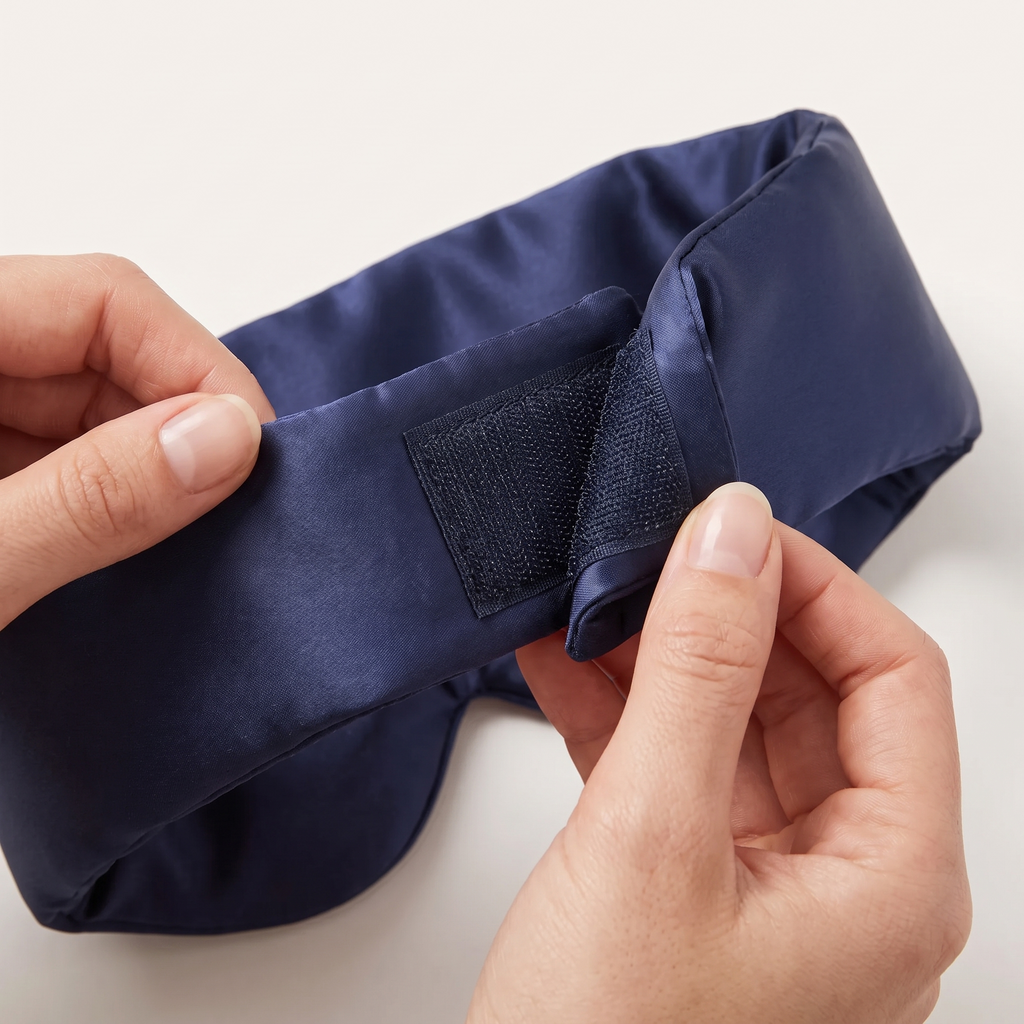 Twee handen openen de klittenbandsluiting aan de achterkant van de brede band van het marineblauwe zijden slaapmasker