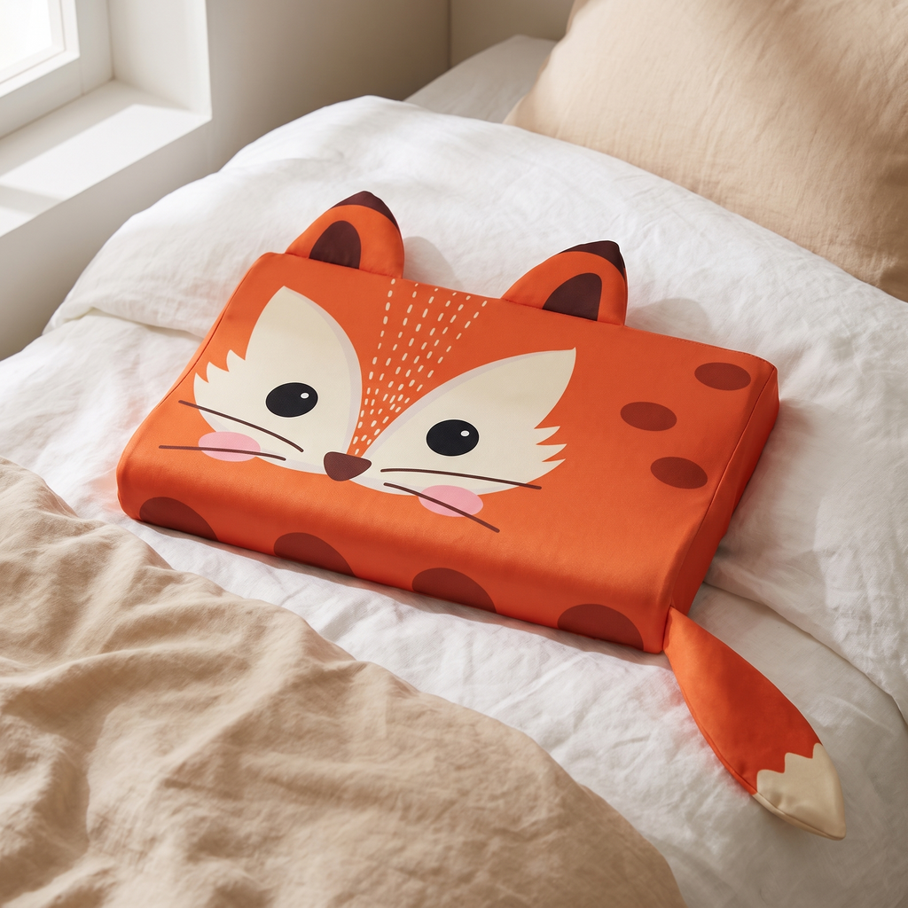 Oranje vossenkussen voor kinderen op een opgemaakt bed met wit en beige linnen, twee oortjes aan de bovenkant en een staart die over de rand hangt
