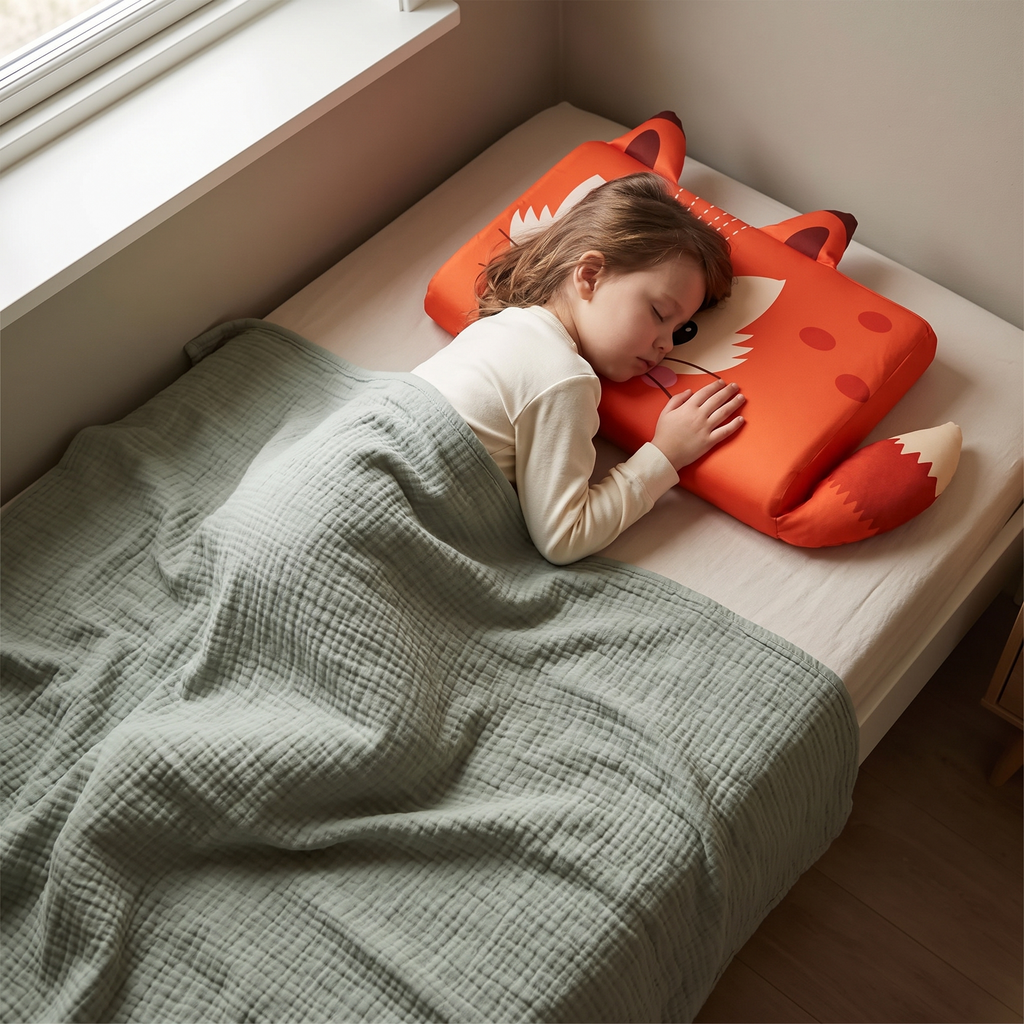 Slapend kind in een eenpersoons kinderbed met het hoofd op het oranje vossenkussen, saliegroene mousseline deken over het bed en daglicht uit het zijraam