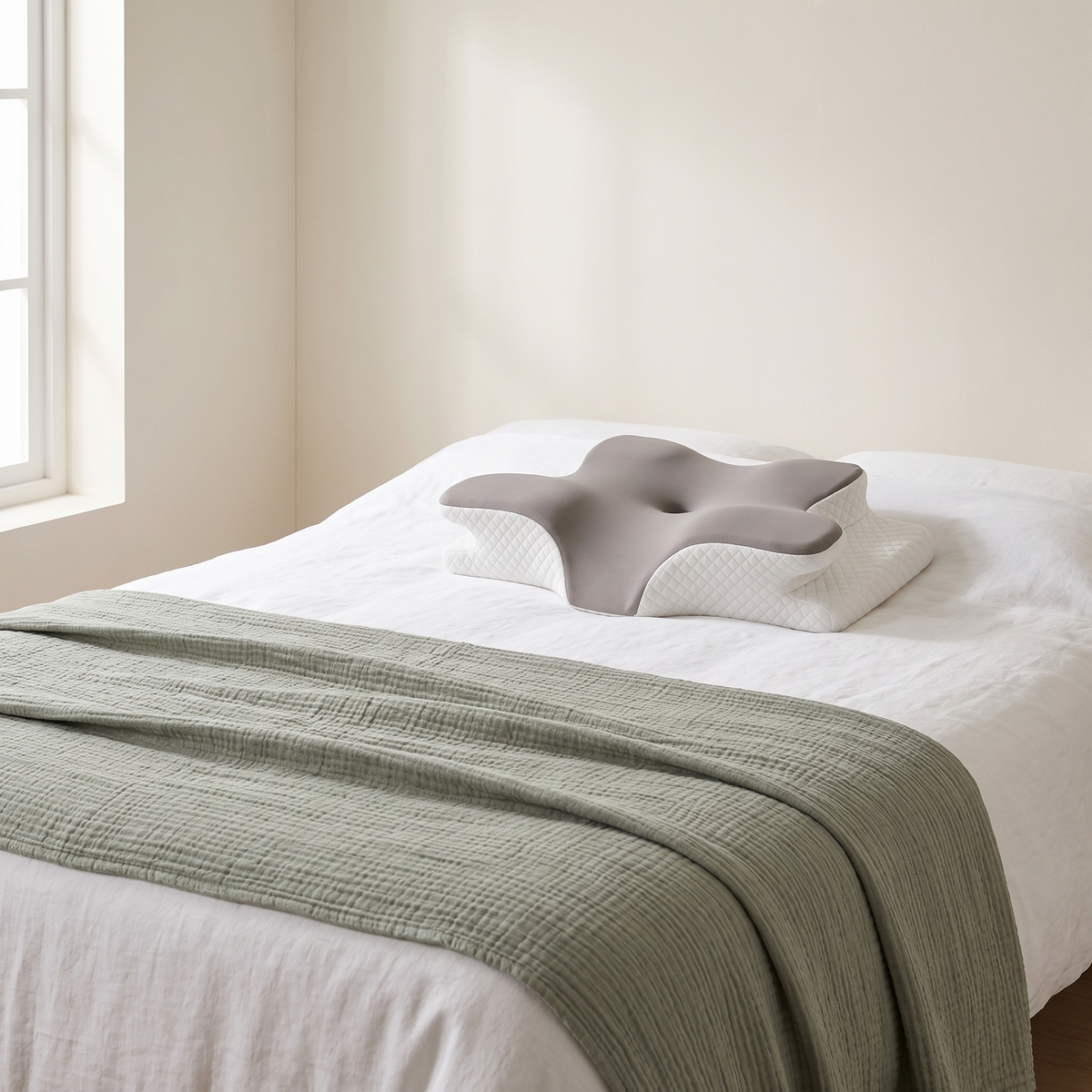 Het vlinderkussen op een opgemaakt bed met wit linnen en een saliegroene mousseline deken, daglicht van opzij