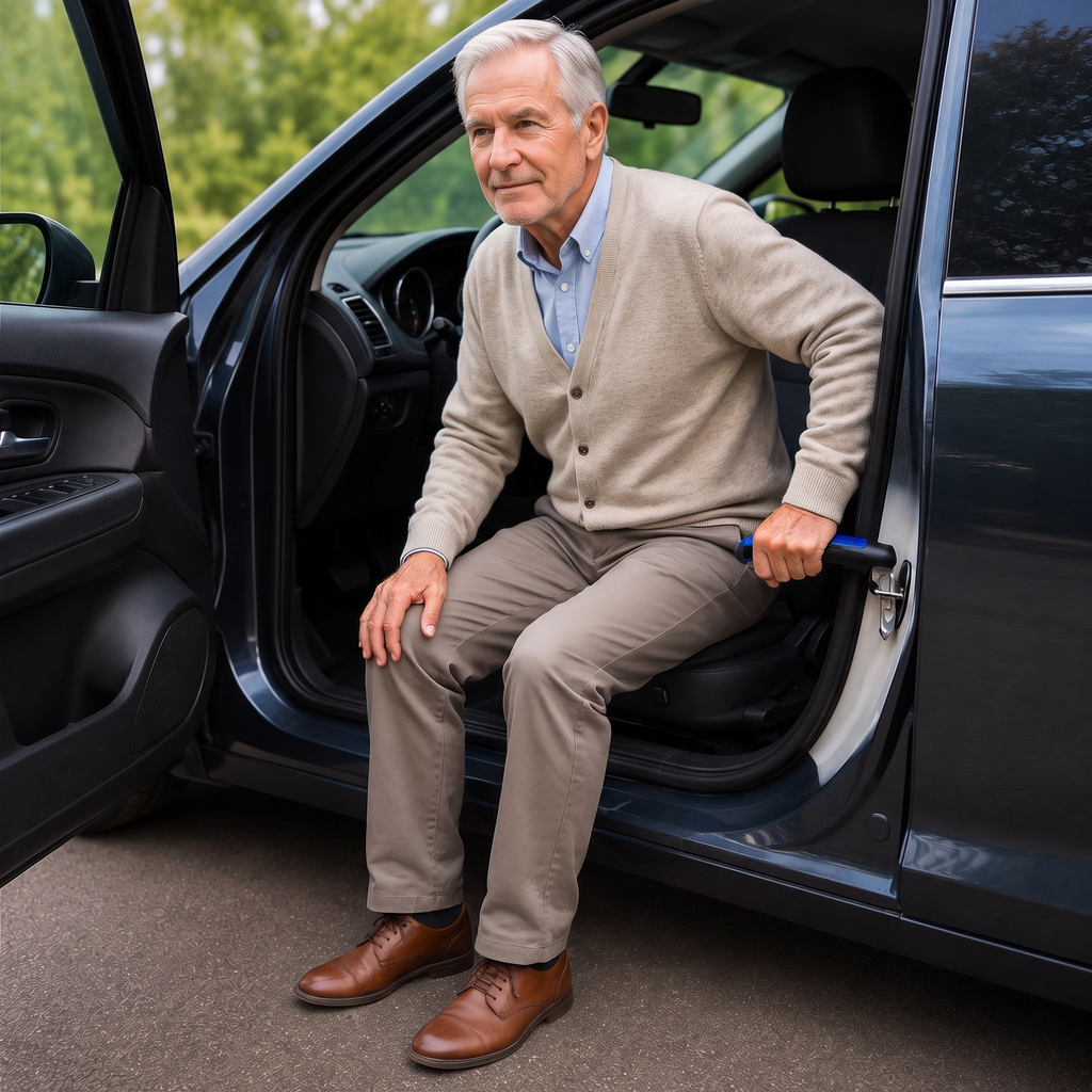 Oudere man stapt uit zijn auto en trekt zich op aan de steungreep die op de slotpen in de deurstijl geklemd zit