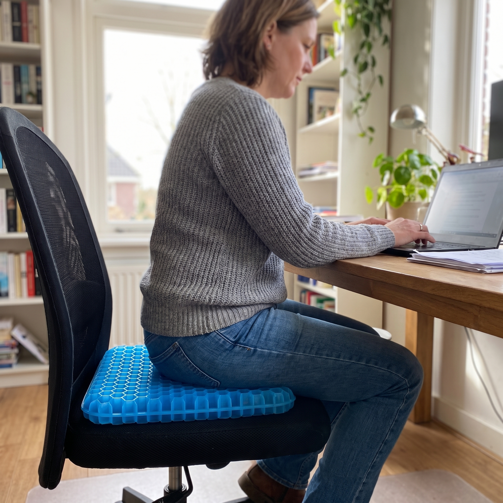 Vrouw werkt aan haar bureau en zit op het blauwe honingraat zitkussen op een zwarte bureaustoel