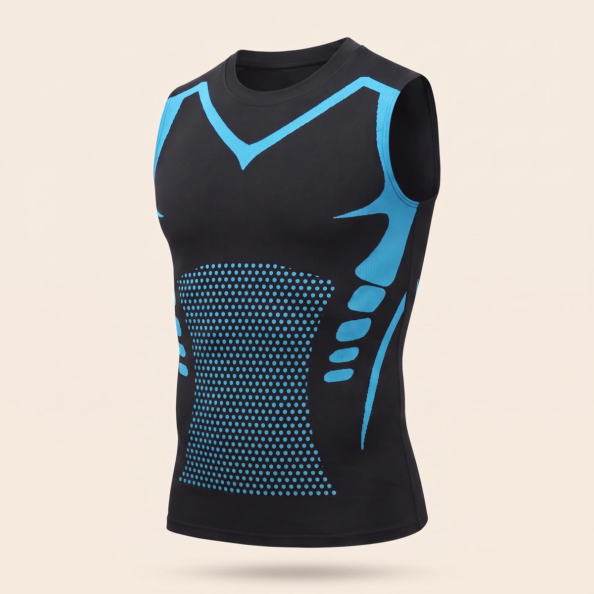 Zwart shaping shirt met blauwe accentlijnen en honingraatpaneel, los op een crème achtergrond