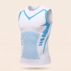 Wit shaping shirt met blauwe accentlijnen en honingraatpaneel, los op een crème achtergrond