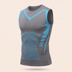 Grijs shaping shirt met blauwe accentlijnen en honingraatpaneel, los op een crème achtergrond