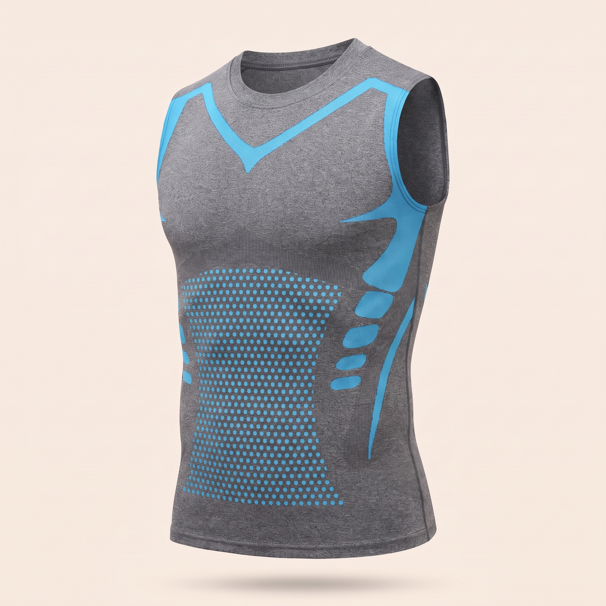 Grijs shaping shirt met blauwe accentlijnen en honingraatpaneel, los op een crème achtergrond