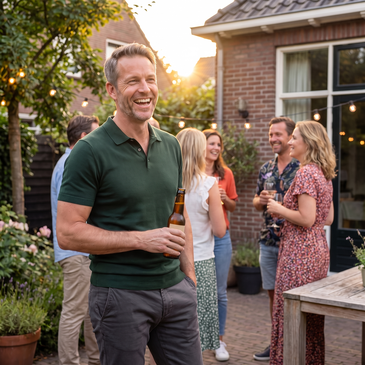 Lachende man in een donkergroene polo met een flesje bier op een tuinfeest met vrienden, de polo ligt strak en glad