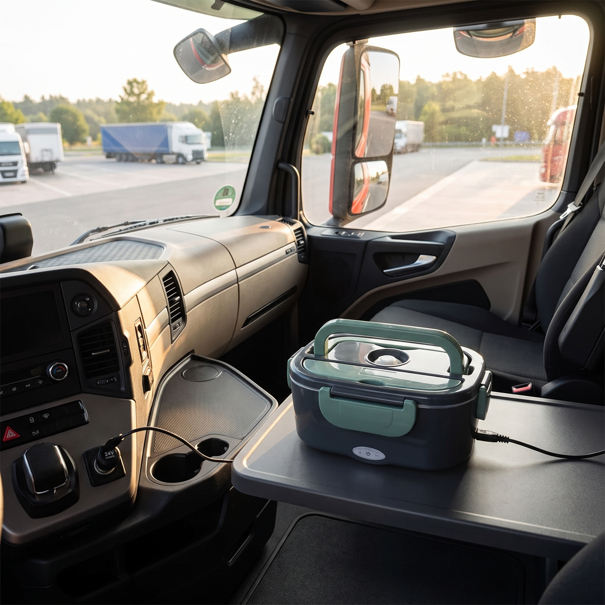Gesloten lunchbox op het tafeltje in een vrachtwagencabine, aangesloten op de 24V-aansluiting
