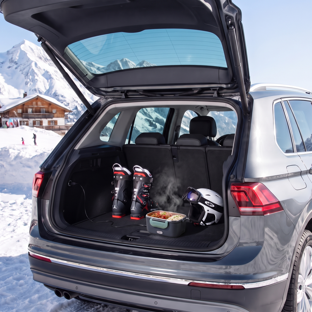Open kofferbak van een SUV bij een skigebied met skischoenen, een helm en de lunchbox met dampende chili, aangesloten op de 12V-aansluiting