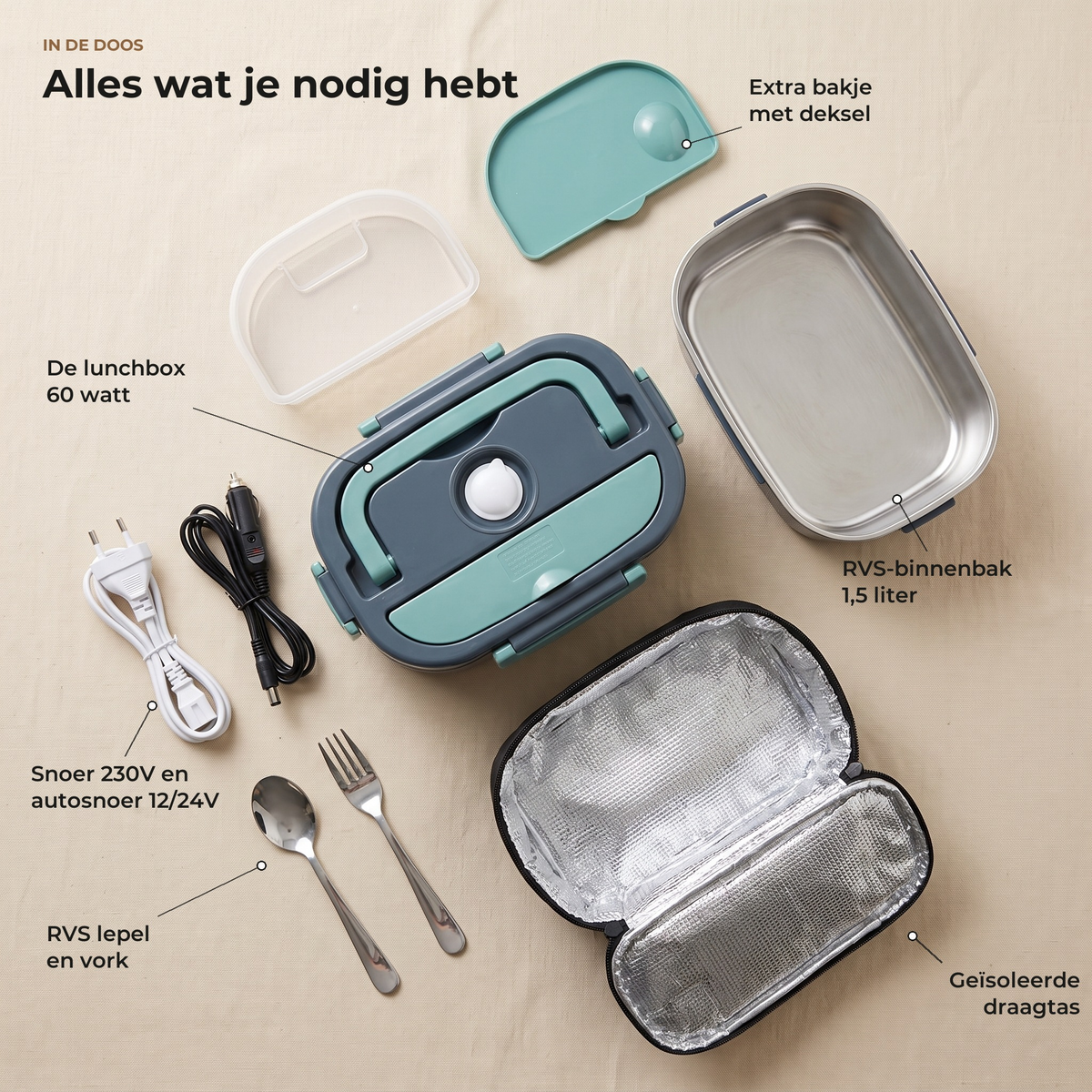 Alles wat in de doos zit: de lunchbox, RVS-binnenbak, extra bakje met deksel, stroomsnoer, autosnoer, RVS lepel en vork en een geïsoleerde draagtas