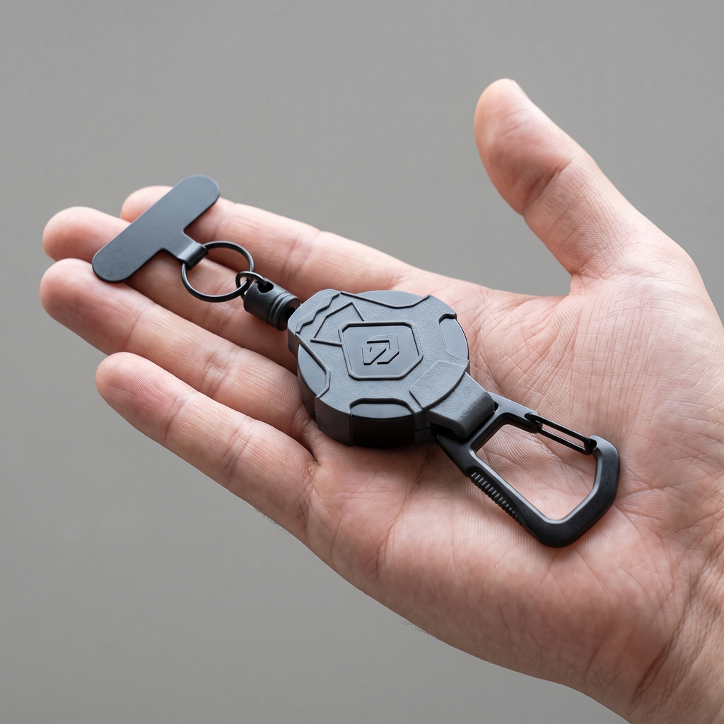 Koordrol met karabiner, ring en plaatje op een open handpalm, zo klein als een handpalm breed