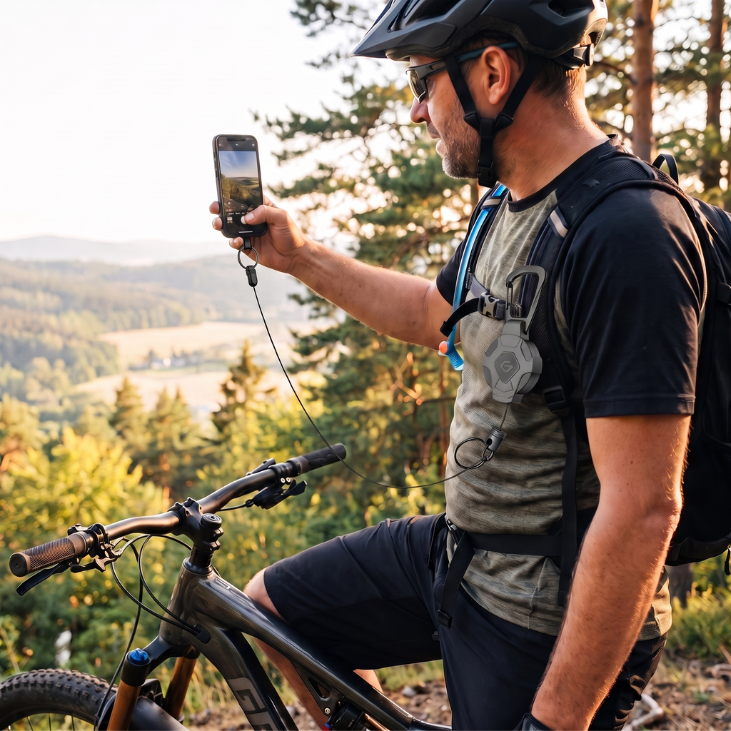 Mountainbiker bij een uitzichtpunt maakt een foto, de koordrol zit op de band van zijn drinkrugzak